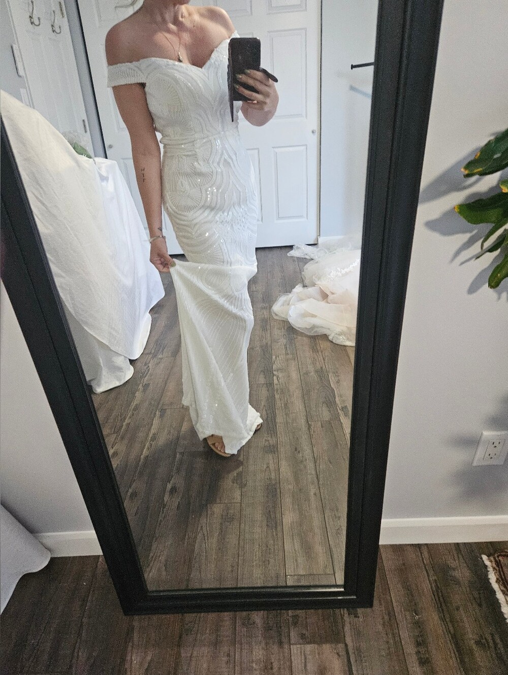 Elegant Off-Shoulder Sequin Evening Gown - White